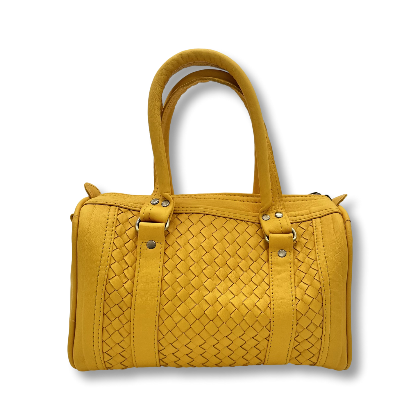 Kastenförmige Handtasche aus senfgelbem Leder mit geflochtenem Mittelteil, zwei Lederhenkeln und Reißverschluss