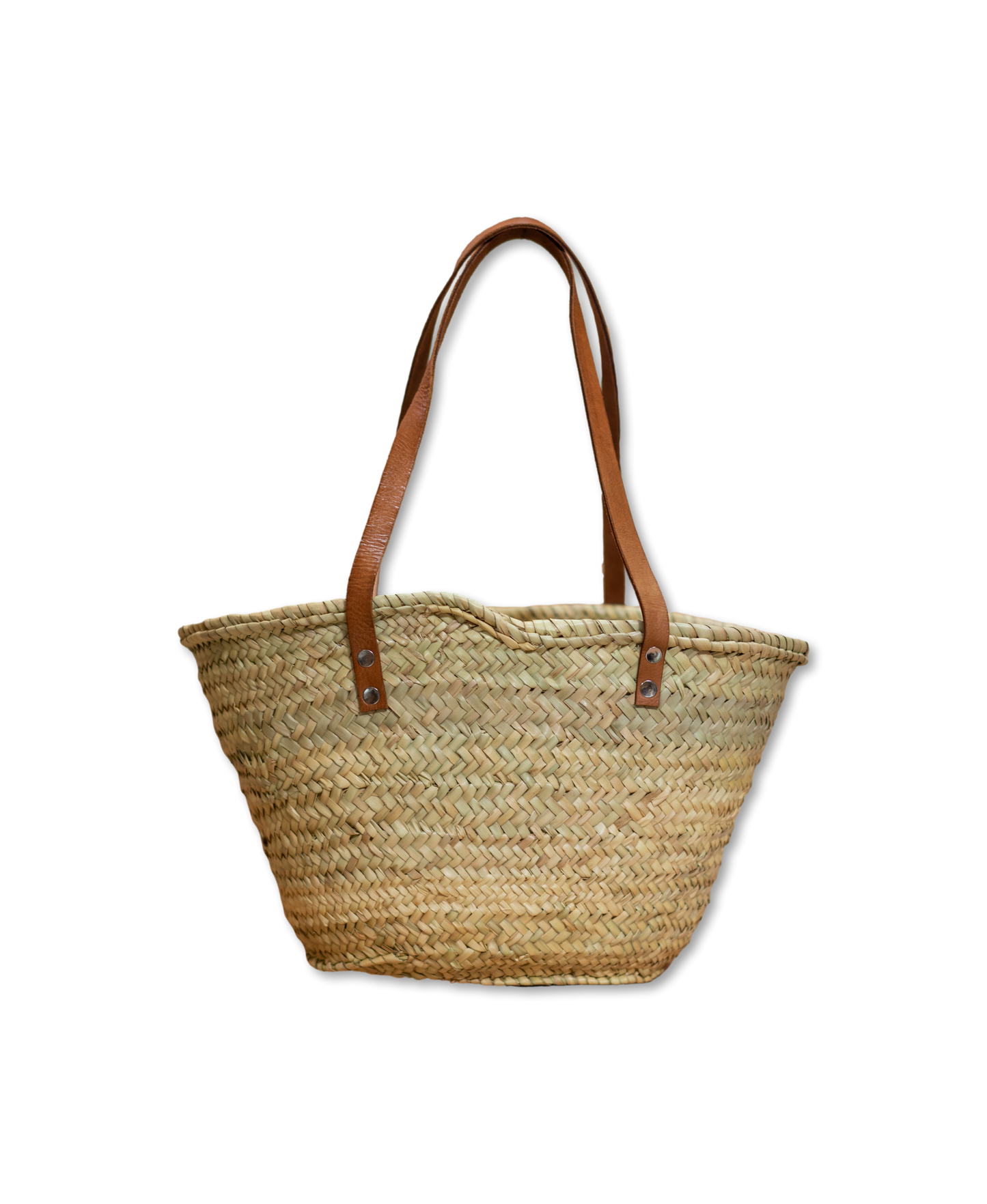 Handgewebte Strohtasche aus Naturstroh mit zwei schmalen, braunen Lederhenkeln