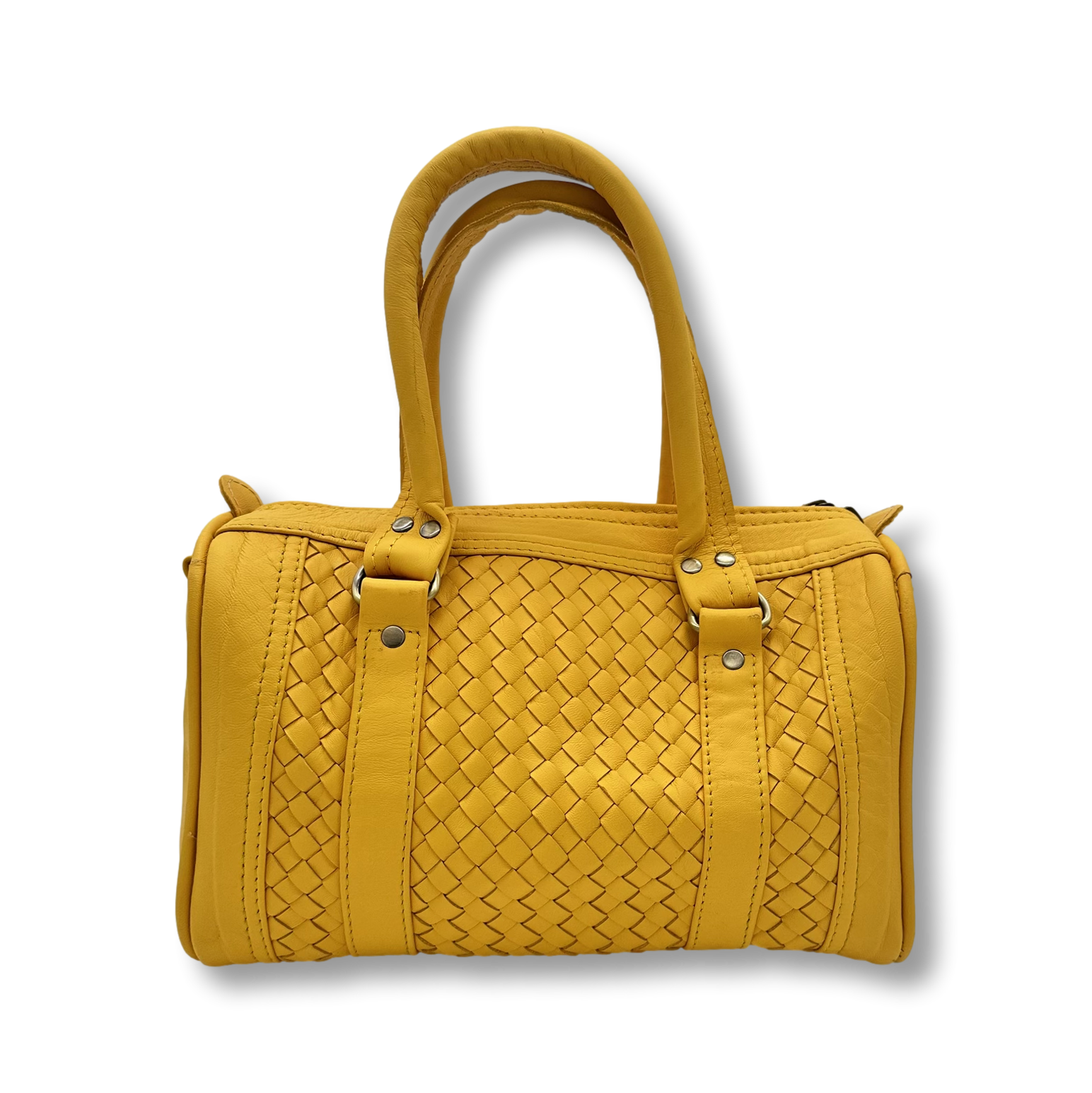 Kastenförmige Handtasche aus senfgelbem Leder mit geflochtenem Mittelteil, zwei Lederhenkeln und Reißverschluss