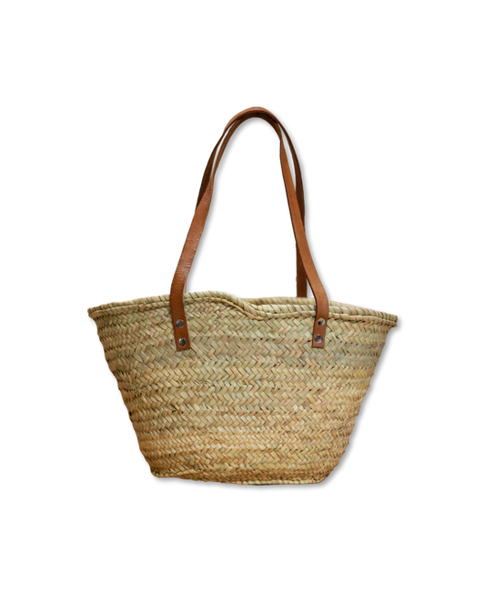 Handgemachter beiger Shopper aus Doum mit Tragegurt aus Leder