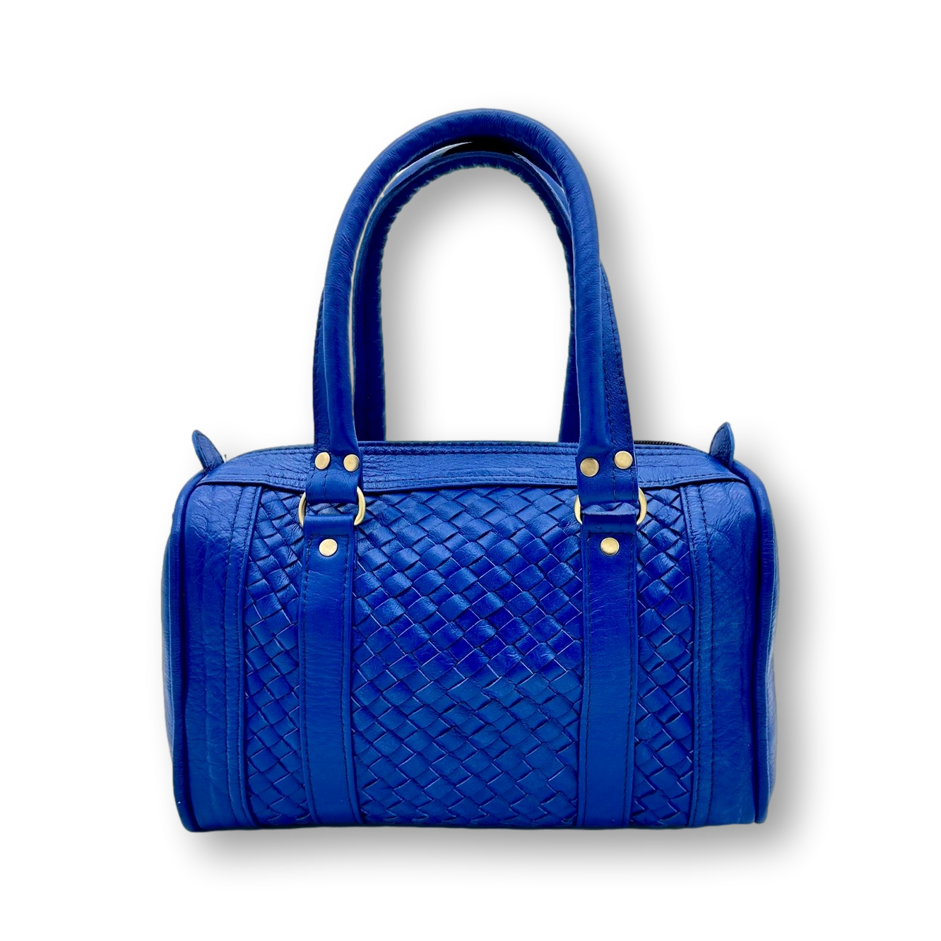 Kastenförmige Handtasche aus royalblauem, geflochtenem Leder mit zwei Lederhenkeln und Reißverschluss